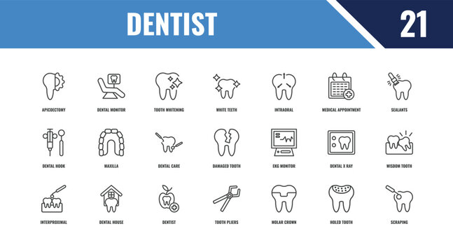 dentist outline icon set. linear vector for ui, web and mobile. thin line dental monitor, sealants, ekg monitor icons.