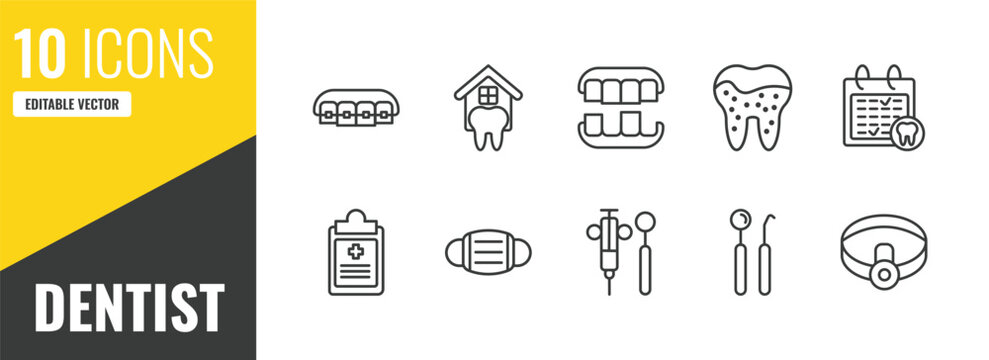 dentist outline icon set. 10 linear vector for ui, web and mobile. thin line lingual braces, dental house, overdenture icons.