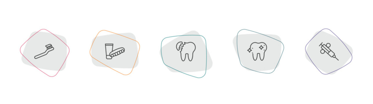 dentist outline icon set. linear vector for ui, web and mobile. thin line toothbrushes, dentures, broken tooth icons.