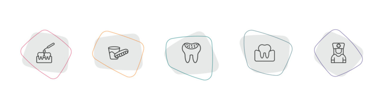 dentist outline icon set. linear vector for ui, web and mobile. thin line interproximal, denture, holed tooth icons.