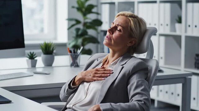 Woman Experiencing Stress and Exhaustion at Work, Facing Health Issues, Office Environment