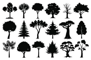 Fototapeta premium different types of trees silhouette line art vector illustration with a white background