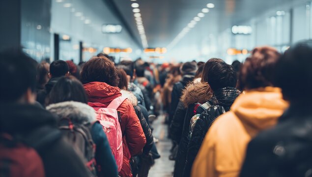 A large crowd of people seen from behind walk through a long airport hallway with backpacks and bags under bright overhead terminal lights
