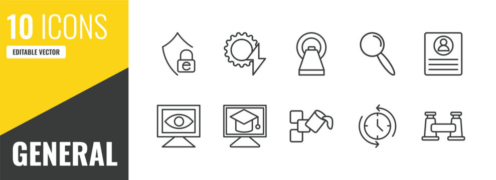 general outline icon set. 10 linear vector for ui, web and mobile. thin line e-privacy, energy efficiency, mri scanner icons.