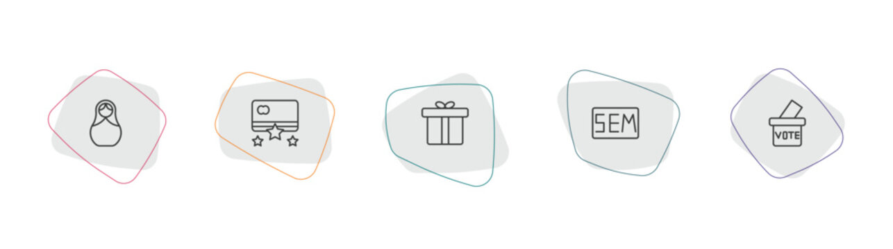 general outline icon set. linear vector for ui, web and mobile. thin line matryoshka, credit rating, gift box with ribbon icons.