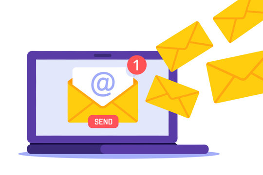 Laptop computer screen with email envelopes and send button online communication tool