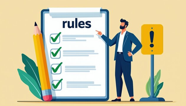 Man points at checklist with rules and green checkmarks. Businessman follows regulations and compliance at work. Yellow warning sign displays exclamation mark for attention.