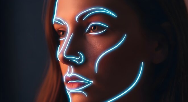 Futuristic Woman with Neon Facial Outline: AI, Biometric Identity, and Digital Beauty Concept