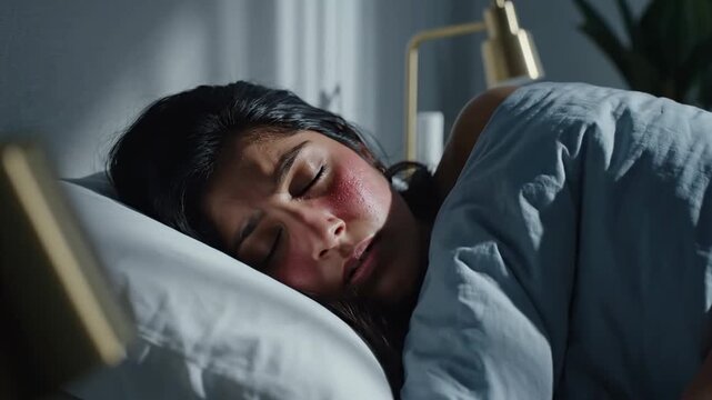 Woman Suffering From Feverish Sleep and Restlessness, Illuminated by Bedside Lamp