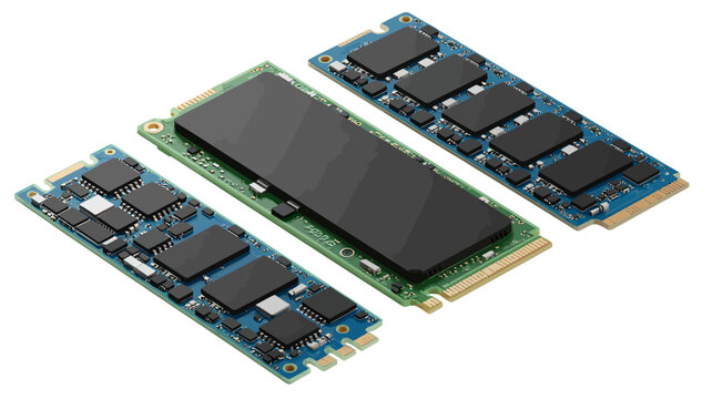 Three computer RAM modules with various memory chips on circuit boards  electronic components