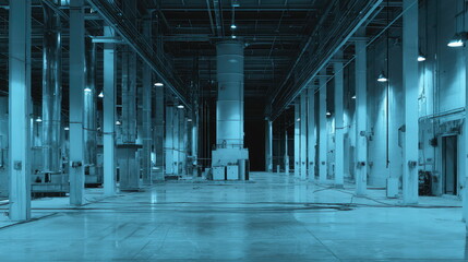 Naklejka premium Vast empty industrial warehouse interior with numerous support pillars, metallic ducts, and industrial light fixtures creating a wide and expansive space