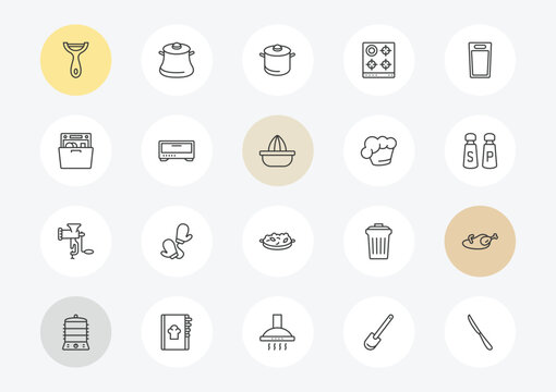 kitchen outline icon set. linear vector for ui, web and mobile. thin line peeler, dishwasher, meat grinder icons.