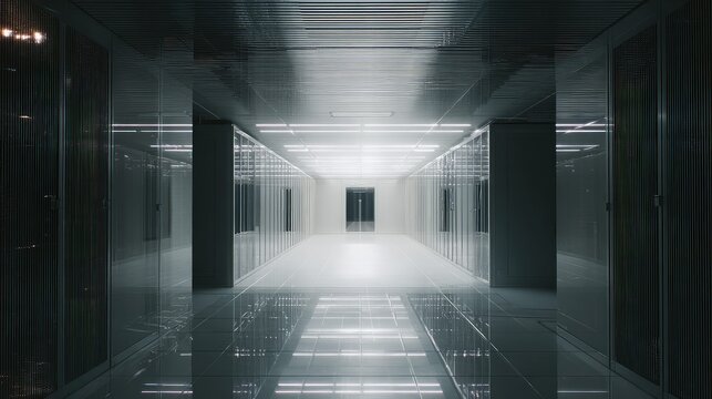 Data center corridor with server racks and bright lights