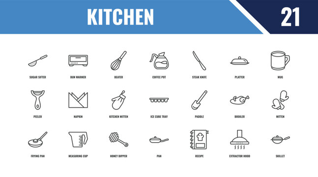 kitchen outline icon set. linear vector for ui, web and mobile. thin line bun warmer, mug, paddle icons.