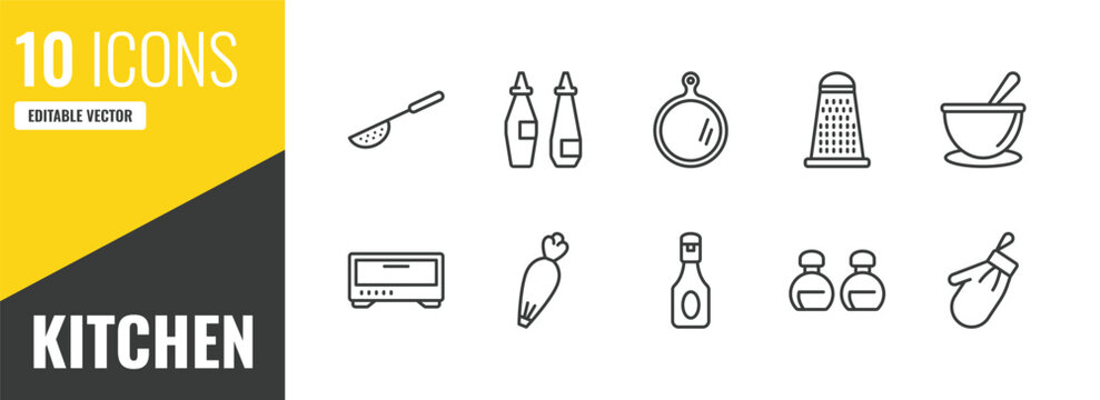kitchen outline icon set. 10 linear vector for ui, web and mobile. thin line sugar sifter, sauces, chopping board icons.