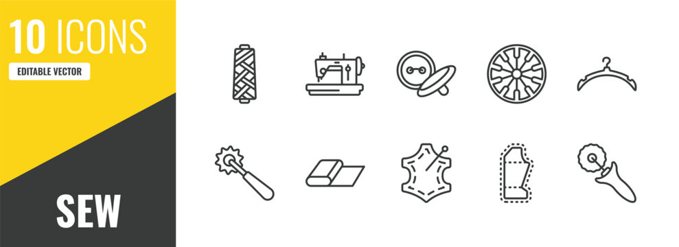 sew outline icon set. 10 linear vector for ui, web and mobile. thin line spool of thread, sewing hine, button icons.