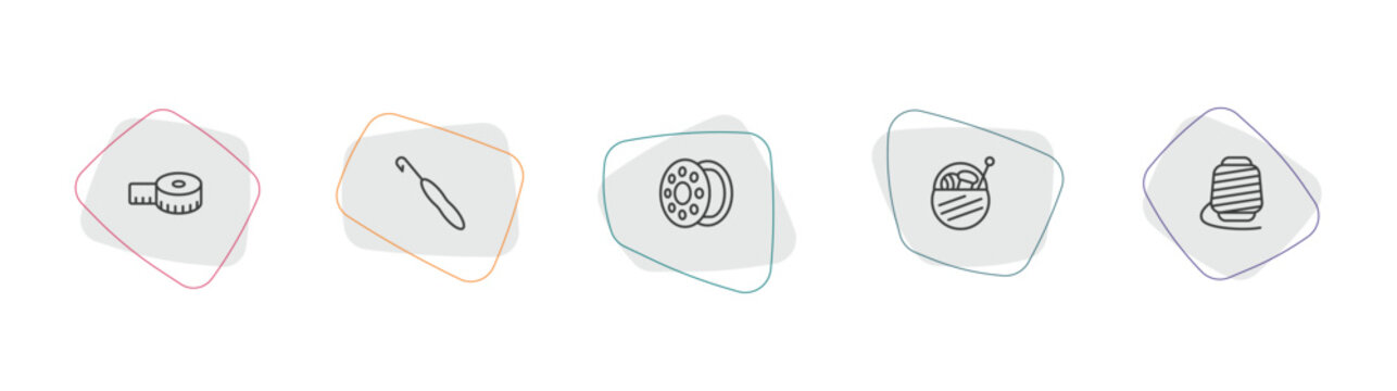 sew outline icon set. linear vector for ui, web and mobile. thin line tape, crochet hook, bobbin icons.