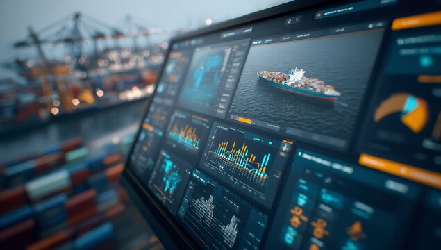 A close-up of a digital dashboard showing shipping routes and cargo ship data with a blurred container port in the background at dusk