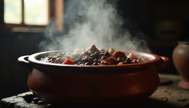 Steaming Brazilian feijoada dish in rustic clay pot. Black beans and pork meat simmer in dark stew. Carrots and herbs visible. Comfort food served hot.