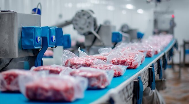 Dozens of vacuum-sealed meat packages are transported on a blue industrial conveyor belt in a modern meat processing plant facility