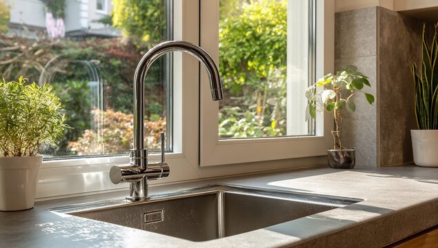 A chrome kitchen tap is positioned over a square sink with small green potted plants sitting on the grey countertop near a window