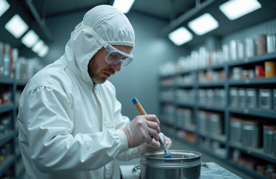 Person in protective suit, goggles mixes paint in container. Shelves with chemical supplies surround worker in lab. Focused technician prepares custom color formulas for auto industry. Strict quality