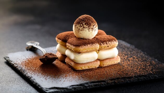 a modern deconstructed tiramisu artfully presented with espresso soaked ladyfingers mascarpone spheres and cocoa dust served on textured slate with an antique silver spoon focus stack photograph