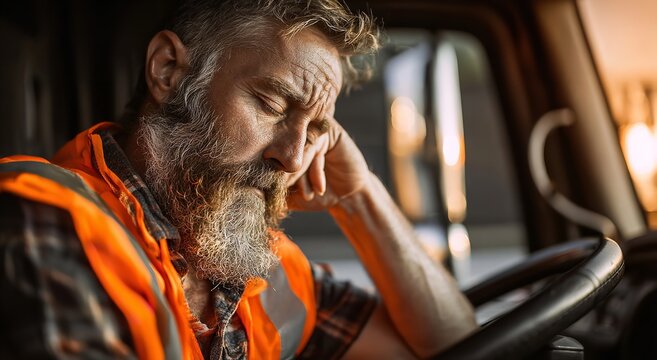 A stressed truck driver with a grey beard leans his head on his hand while sitting in his vehicle cabin during a long haul delivery journey