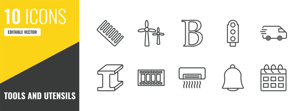 tools and utensils outline icon set. 10 linear vector for ui, web and mobile. thin line combs, windmills, bold icons.