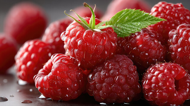 Fresh vibrant red raspberries with green leaves close up, ripe summer fruit covered in sparkling water droplets, celebrating healthy eating and natural flavor