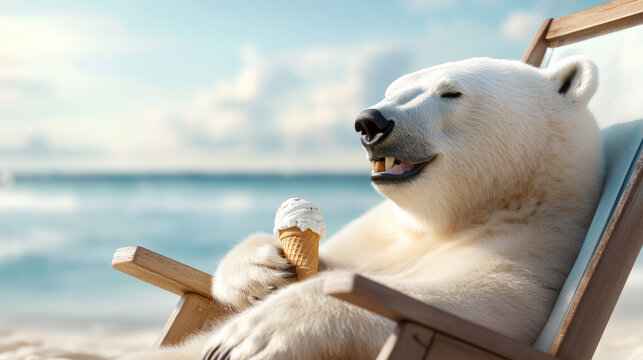 Polar bear resting comfortably on a classic wooden lounge chair, holding a melting ice cream cone, suggesting a playful yet thought provoking concept of climate change and summer holidays