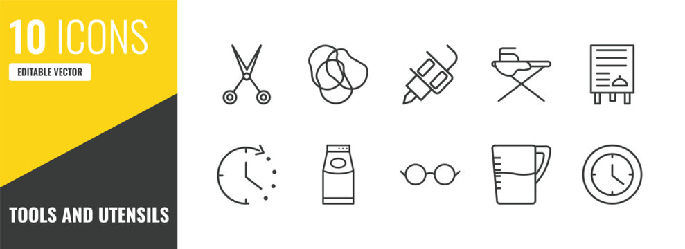 tools and utensils outline icon set. 10 linear vector for ui, web and mobile. thin line open scissors, rubber bands, tattoo icons.