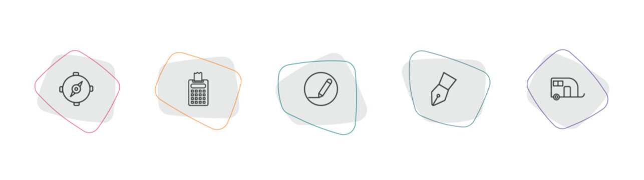 tools and utensils outline icon set. linear vector for ui, web and mobile. thin line orientation compass, printing calculator, edit tools icons.