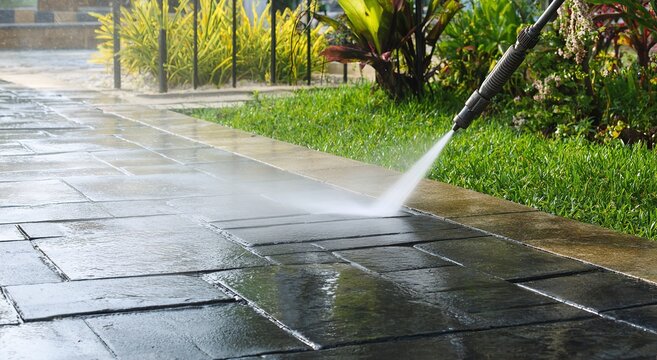 A high-pressure water jet cleans a dark stone patio effectively removing dirt and grime to reveal the clean surface underneath in a garden