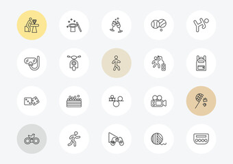 Fototapeta premium activity and hobbies outline icon set. linear vector for ui, web and mobile. thin line jewelry making, diving, table game icons.