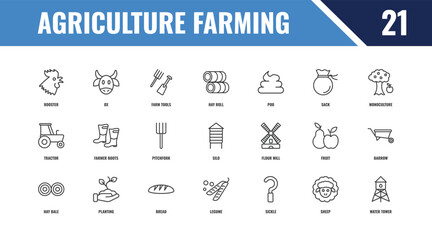 agriculture farming outline icon set. linear vector for ui, web and mobile. thin line ox, monoculture, flour mill icons. © Farahim