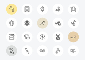 Fototapeta premium agriculture farming outline icon set. linear vector for ui, web and mobile. thin line faucet, capsicum, stall icons.