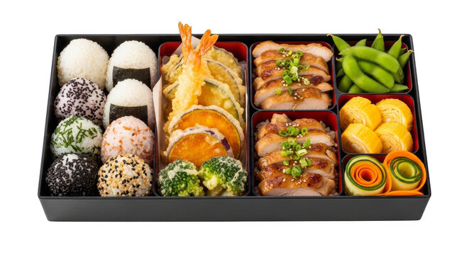 A Japanese bento box filled with rice balls, tempura, grilled chicken, edamame, and tamagoyaki.