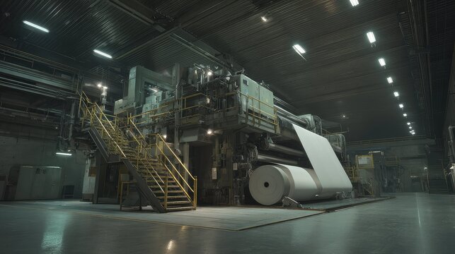 Industrial paper manufacturing machine processing large paper roll