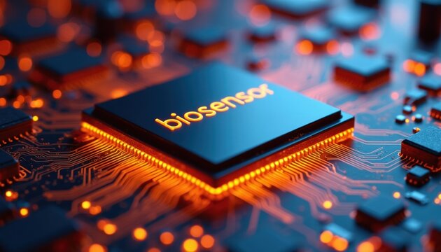 Glowing biosensor chip on complex circuit board with orange light tracing pathways. Macro view of advanced tech component, data processing and digital innovation.