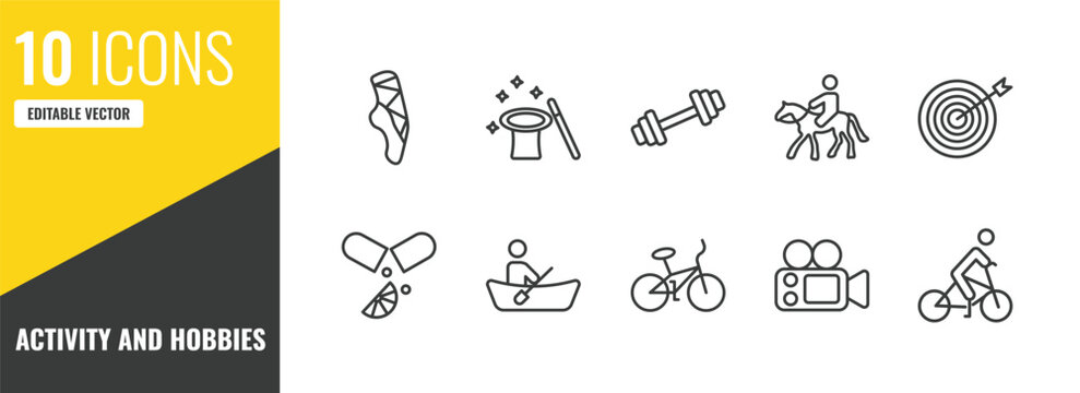 activity and hobbies outline icon set. 10 linear vector for ui, web and mobile. thin line ballerina, magician, exercising icons.
