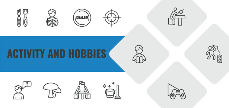 activity and hobbies outline icon set. linear vector for ui, web and mobile. thin line wood carving, newspaper readign, dealer icons.