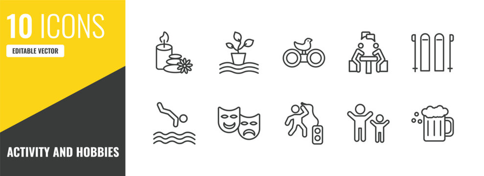activity and hobbies outline icon set. 10 linear vector for ui, web and mobile. thin line relaxing, hydroponics, bird watching icons.