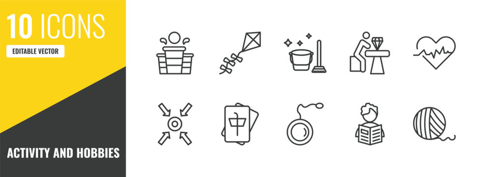 activity and hobbies outline icon set. 10 linear vector for ui, web and mobile. thin line beer pong, flying a kite, cleaning icons.