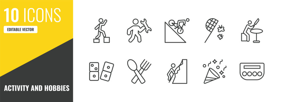 activity and hobbies outline icon set. 10 linear vector for ui, web and mobile. thin line parkour, repairing, downhill icons.