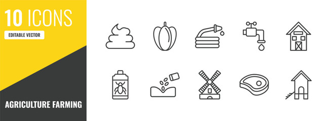 agriculture farming outline icon set. 10 linear vector for ui, web and mobile. thin line poo, capsicum, hose icons. © Farahim