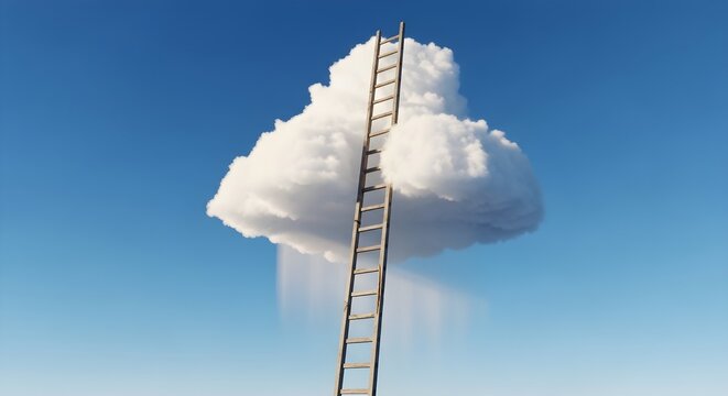 Ladder to a fluffy cloud against a clear blue sky