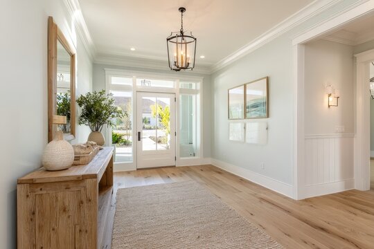 Bright coastal foyer with wide open front door, transom window, and console table on warm wood floors