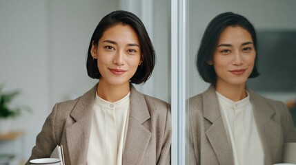 Obraz premium Professional East Asian woman with a sleek bob haircut smiles confidently