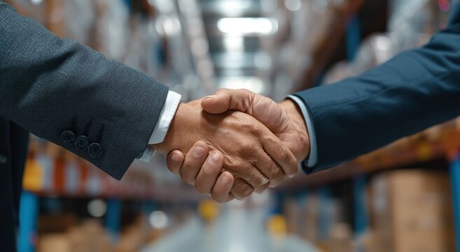 A close-up shot captures a firm handshake between two executives in a grey and blue suit amidst the aisles of a busy industrial warehouse facility